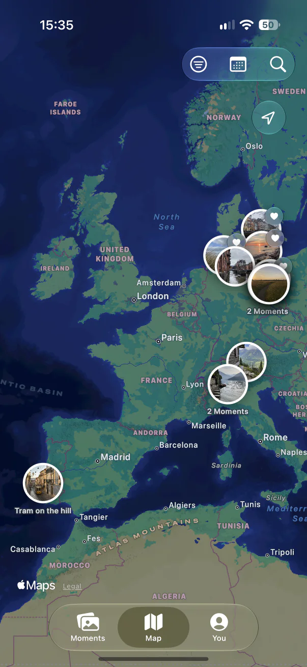 Aunori map showing personal Moments across Europe