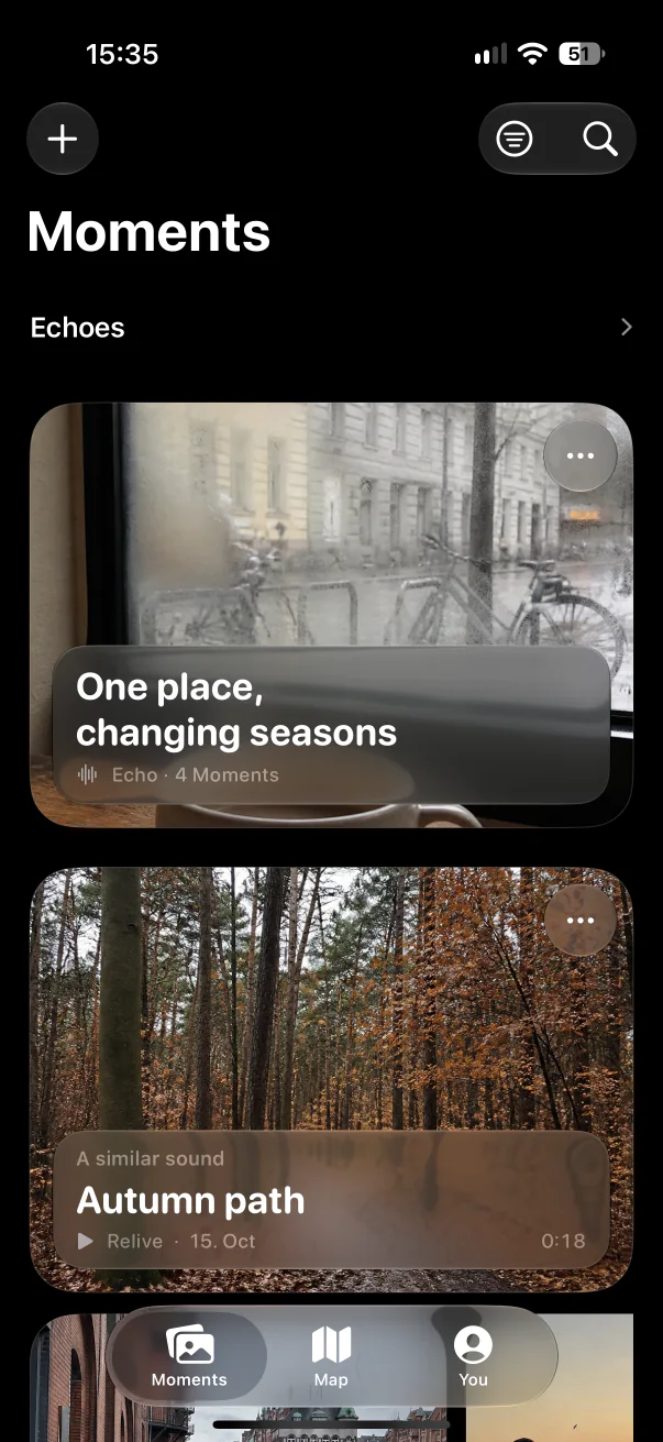 Aunori Moments library with Echoes and personal Moment cards