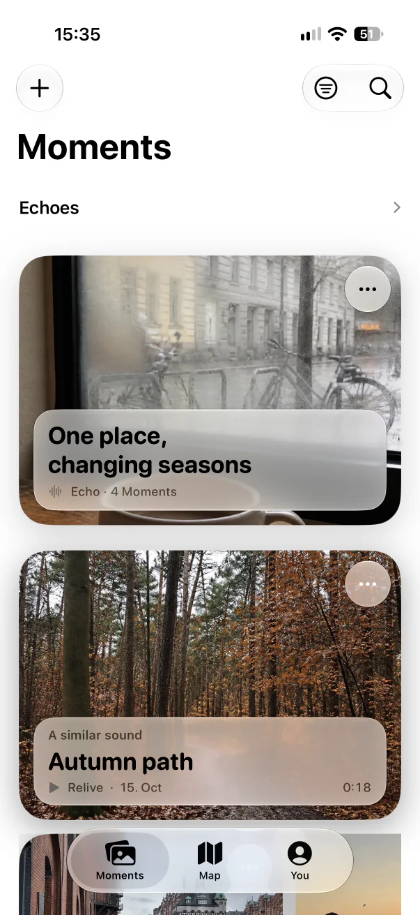 Aunori Moments library with Echoes and personal Moment cards