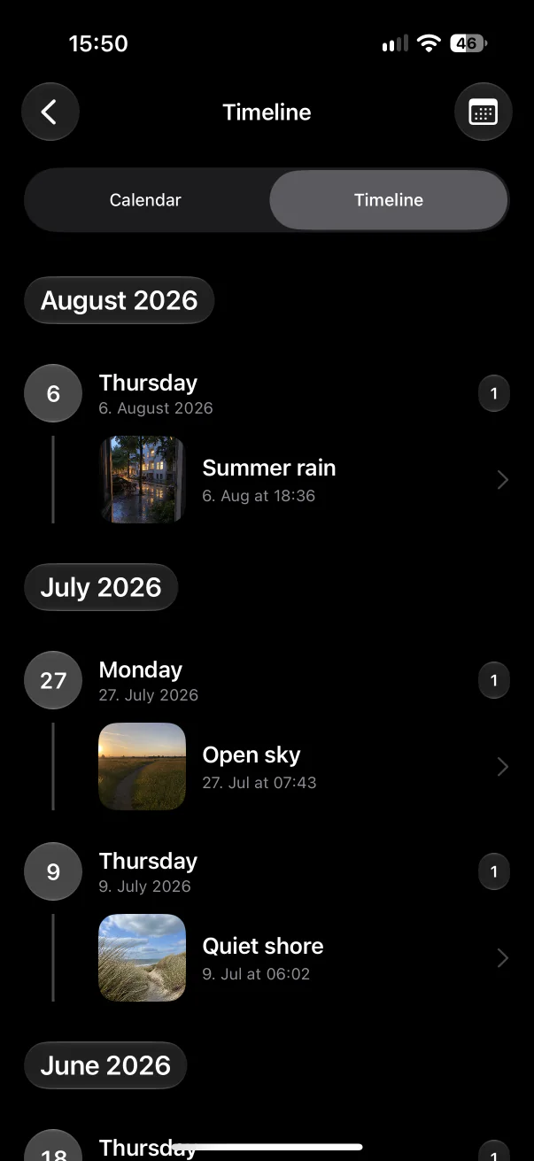 Aunori Timeline arranging personal Moments by month and day