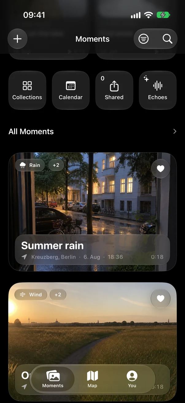 Aunori Moments library with Echoes, collections and personal Moment cards
