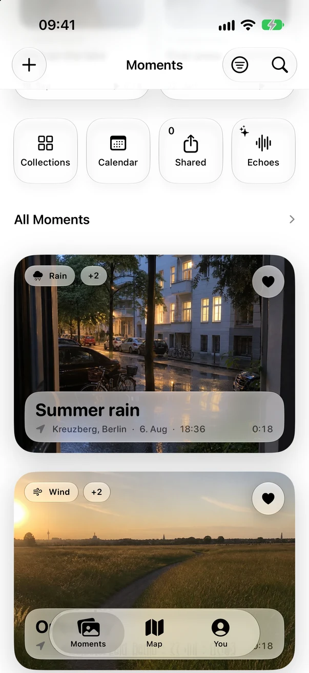 Aunori Moments library with Echoes, collections and personal Moment cards